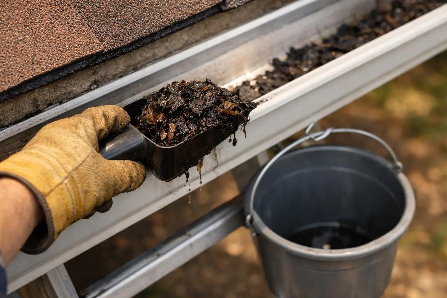 Step 3 of How to Clean Gutters Safely: Scoop Out Debris by Hand