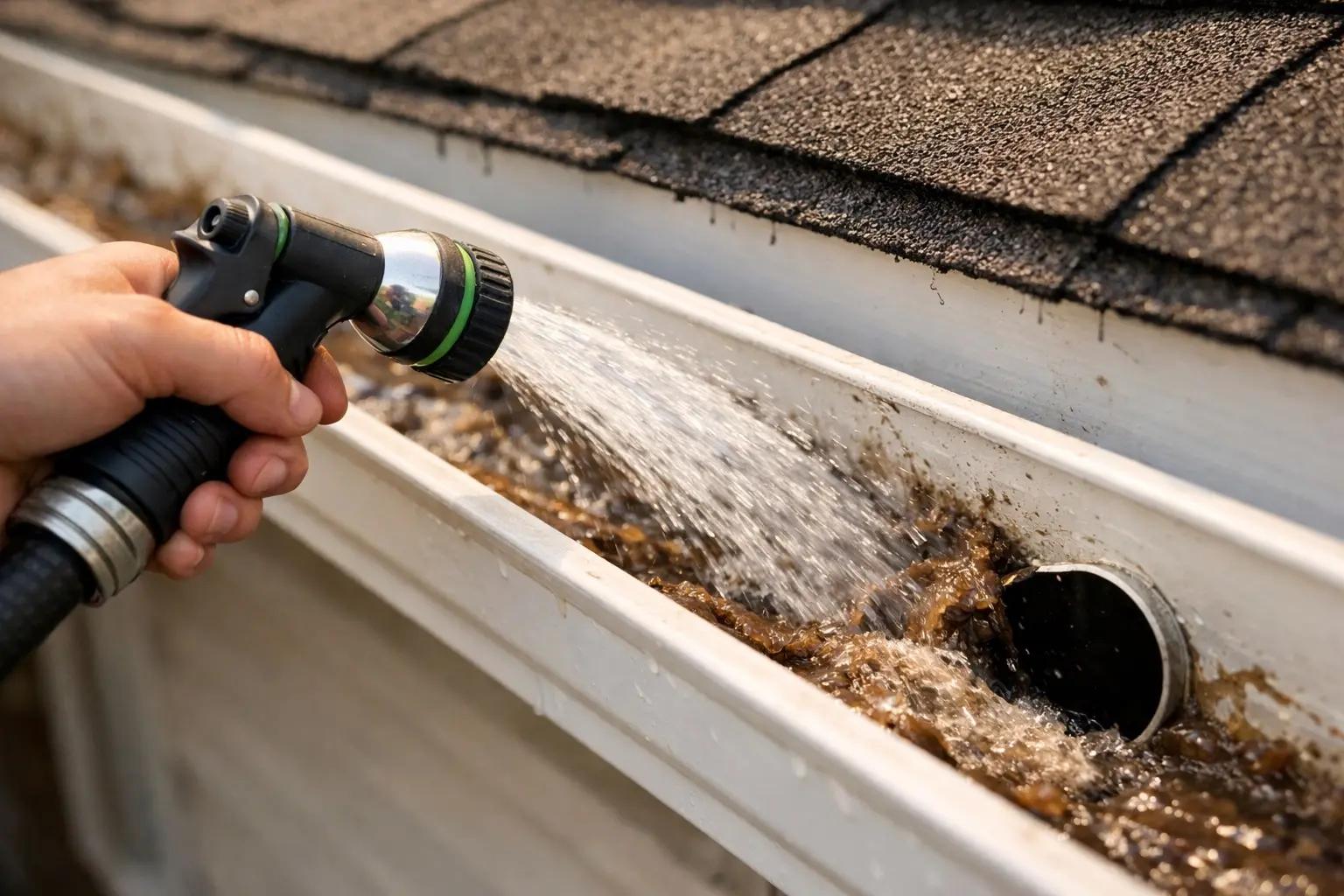 Step 4 of How to Clean Gutters Safely: Flush the Gutters with a Hose
