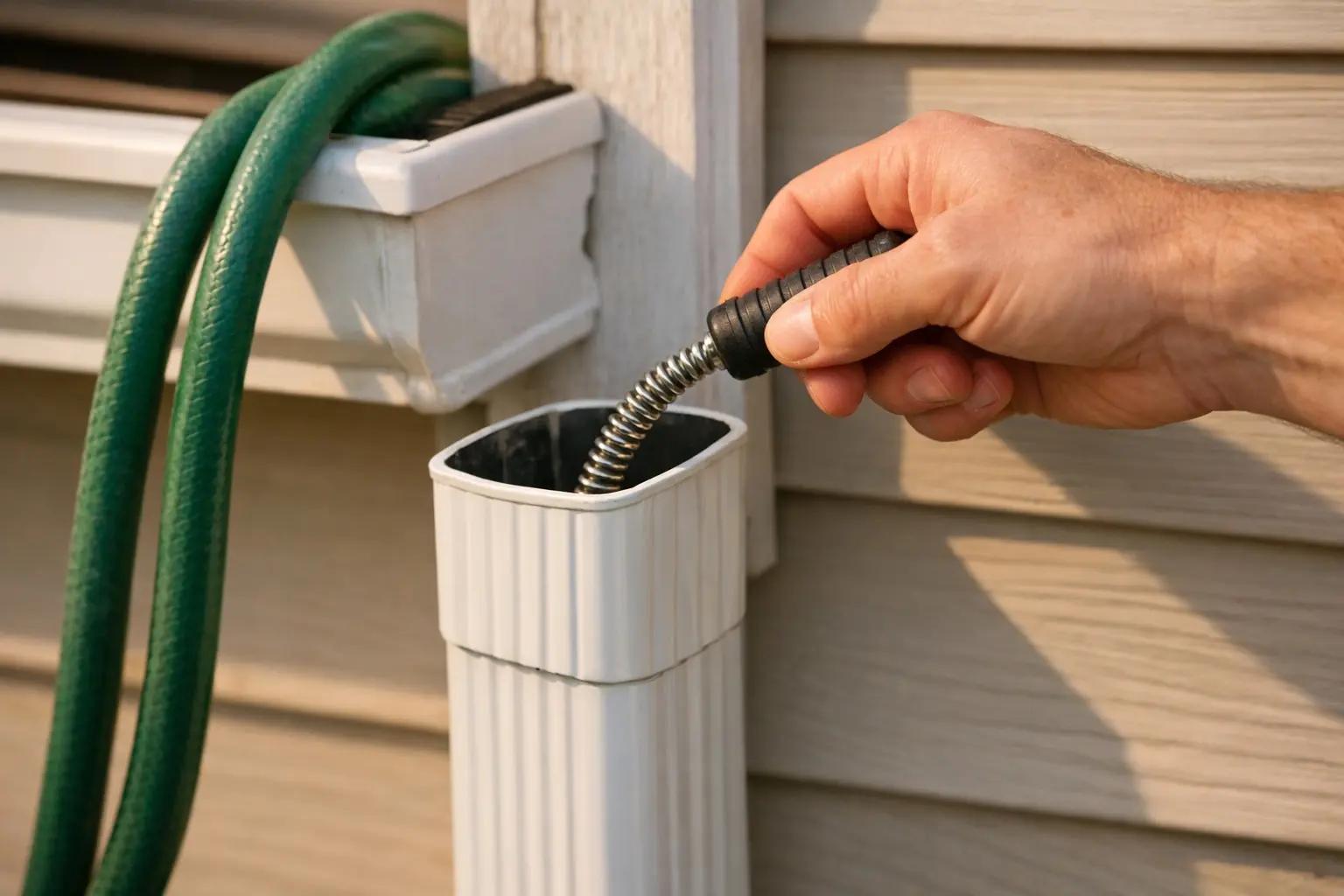 Step 5 of How to Clean Gutters Safely: Clear the Downspouts
