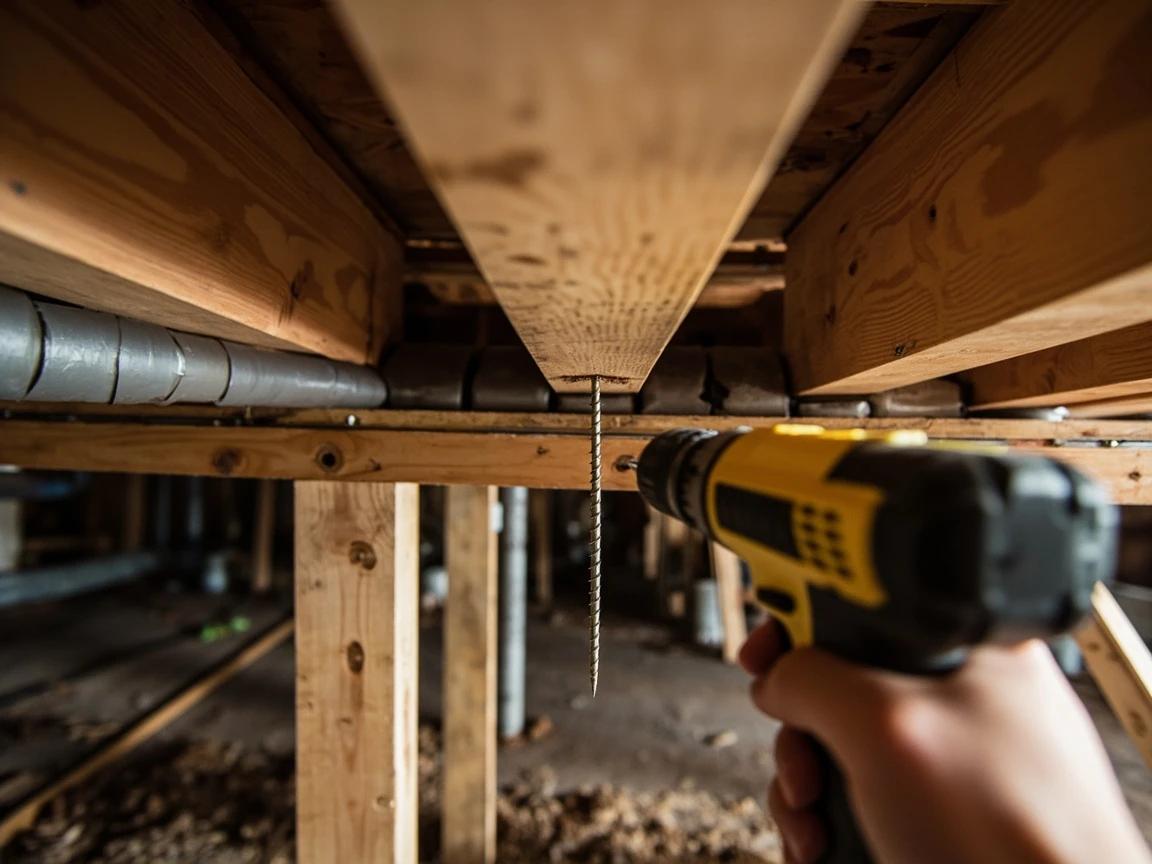 Step 4 of How to Fix a Squeaky Floor (From Above and Below): From below: drive a screw up through the joist into the subfloor