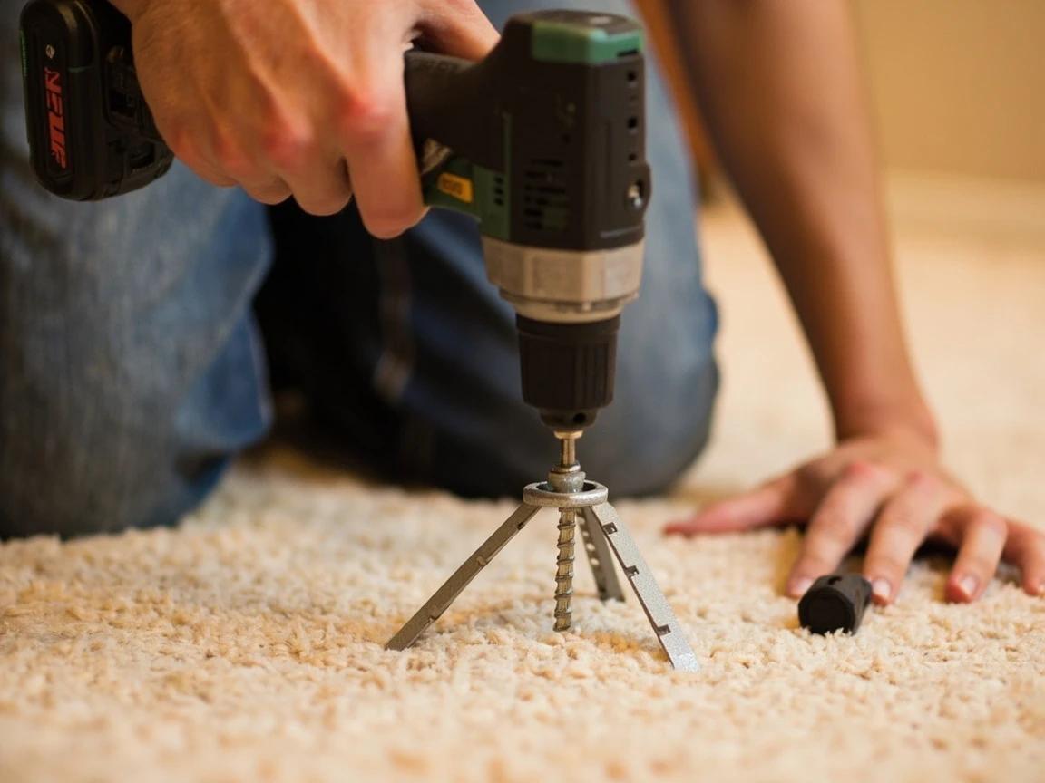 Step 6 of How to Fix a Squeaky Floor (From Above and Below): From above (carpet): use the Squeeeek No More kit