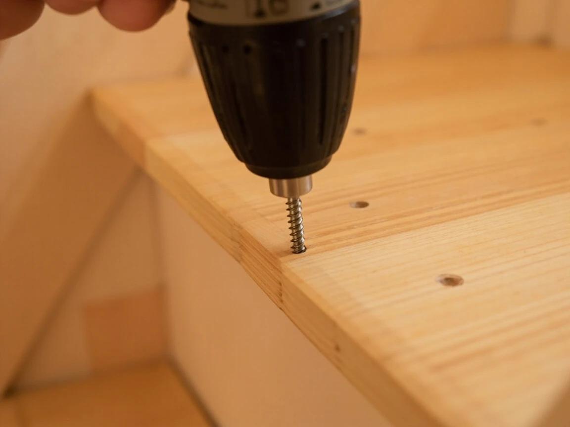 Step 6 of How to Fix a Squeaky Stair: Screw the tread down from above where you have no access