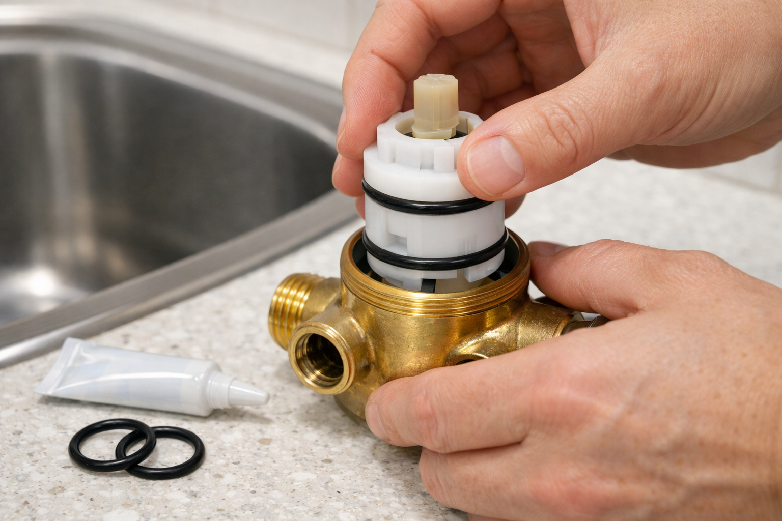 Step 7 of How to Fix a Dripping Faucet: Install New Parts