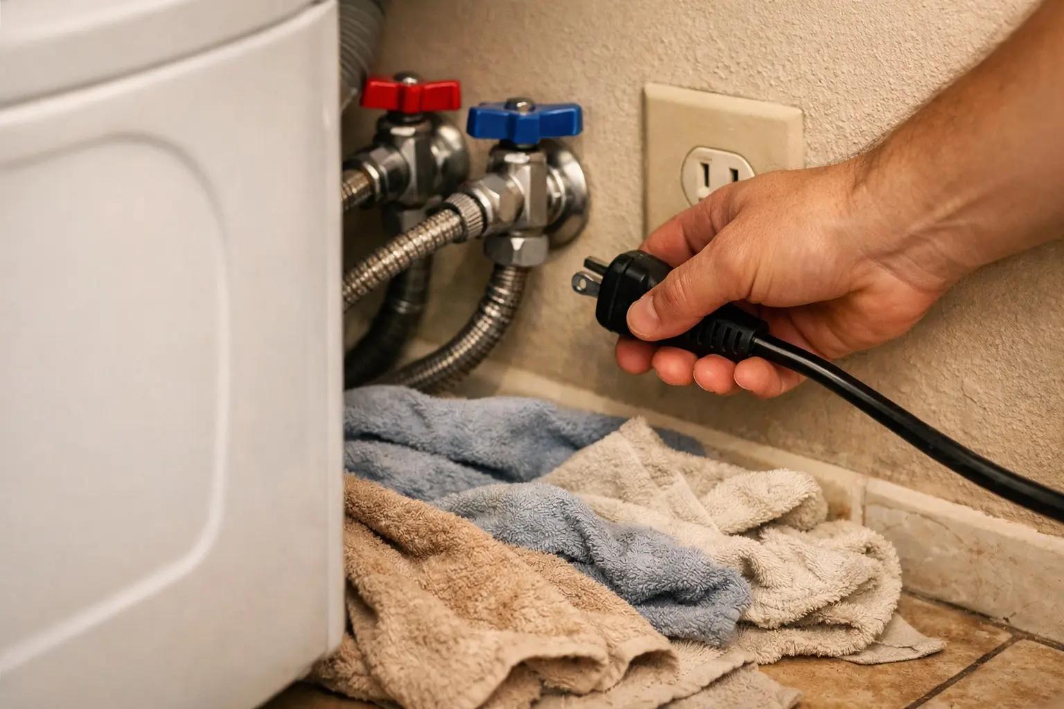 Step 1 of How to Fix a Washing Machine That Won't Drain: Disconnect Power and Water Supply
