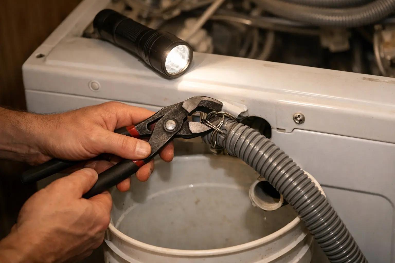 Step 4 of How to Fix a Washing Machine That Won't Drain: Inspect the Drain Hose for Kinks and Clogs