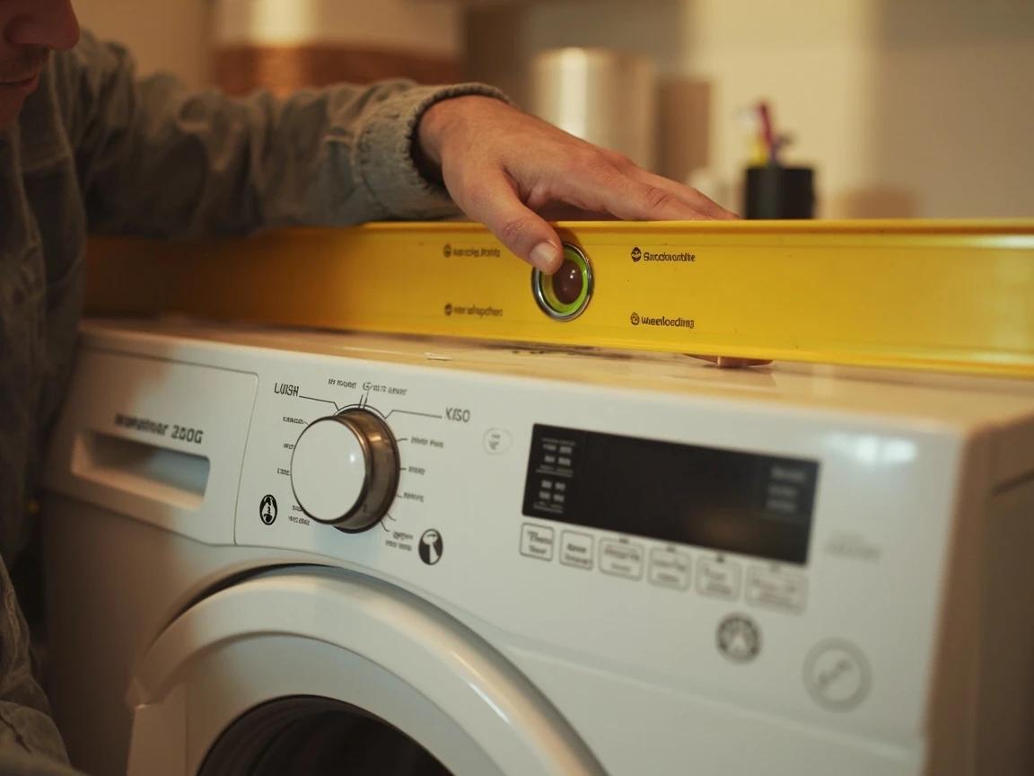 Step 3 of How to Level a Washing Machine to Stop Shaking: Slide the Washer Out and Place a Bubble Level on Top