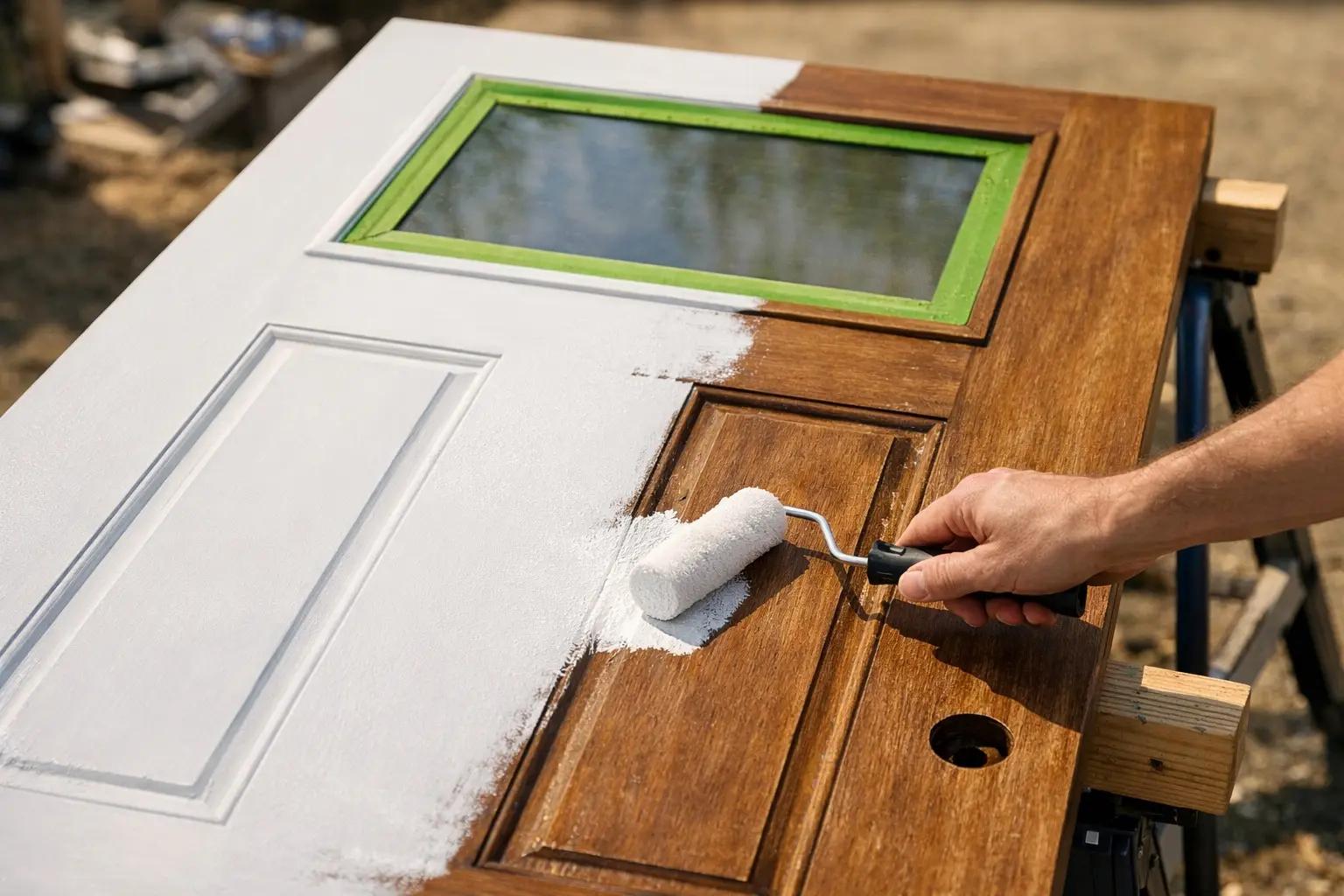 Step 4 of How to Paint a Front Door: Tape Off Glass and Apply Primer