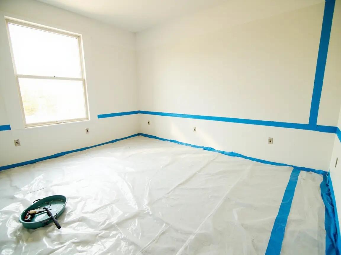 Bedroom with furniture pushed to center and covered with plastic, baseboards taped with blue painter's tape