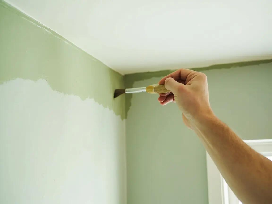 Hand cutting in along ceiling line with a 2.5-inch angled brush, showing a clean paint edge