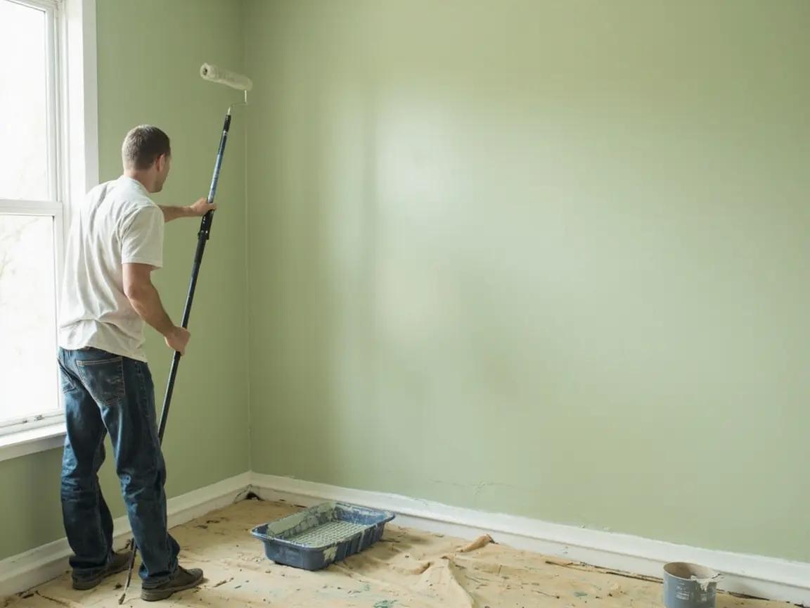 Person rolling wall paint with a 9-inch microfiber roller, paint tray with extension pole nearby