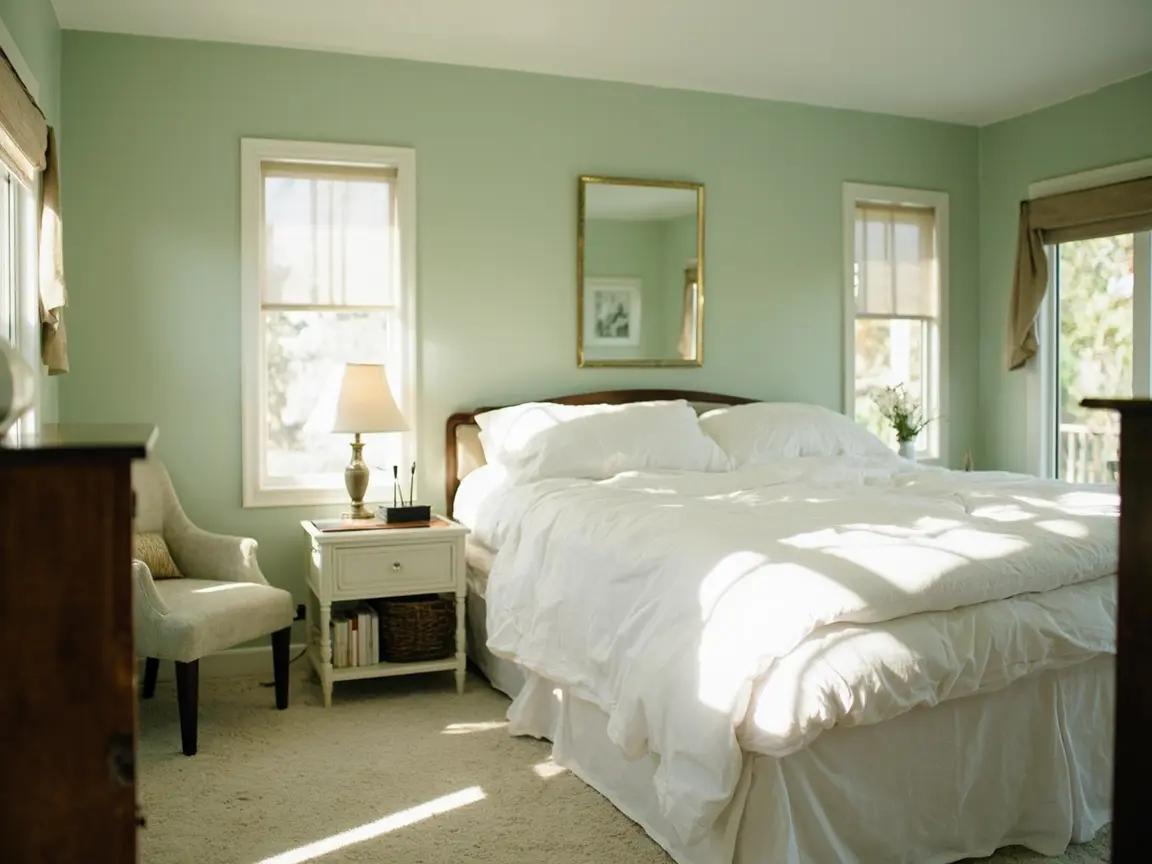 Finished bedroom in soft sage green, furniture restored, soft natural daylight