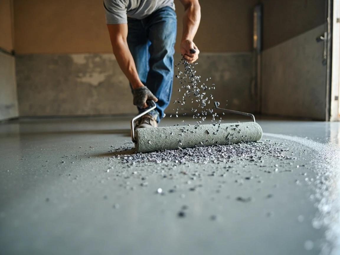 Step 8 of How to Paint a Concrete Garage Floor: Roll the First Coat and Broadcast Flakes