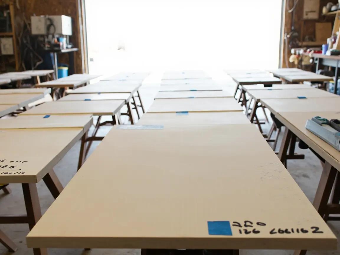 Kitchen cabinet doors removed and labeled with painter's tape, laid flat on sawhorses in a garage workshop
