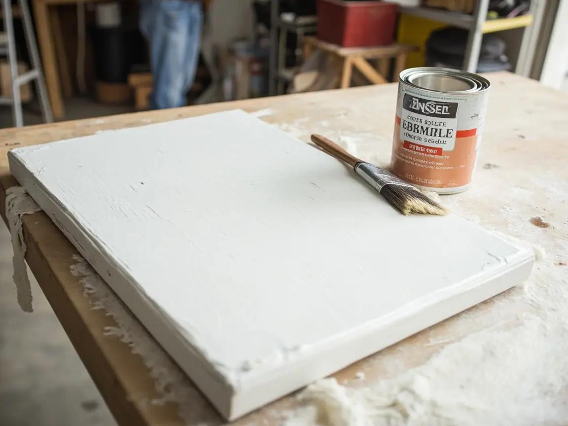 Cabinet door coated with white shellac-based primer, partially sanded smooth