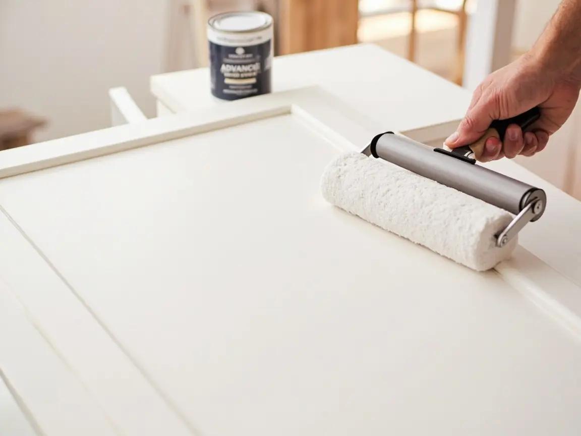 Cabinet door with first coat of satin enamel applied with a foam roller, showing some texture