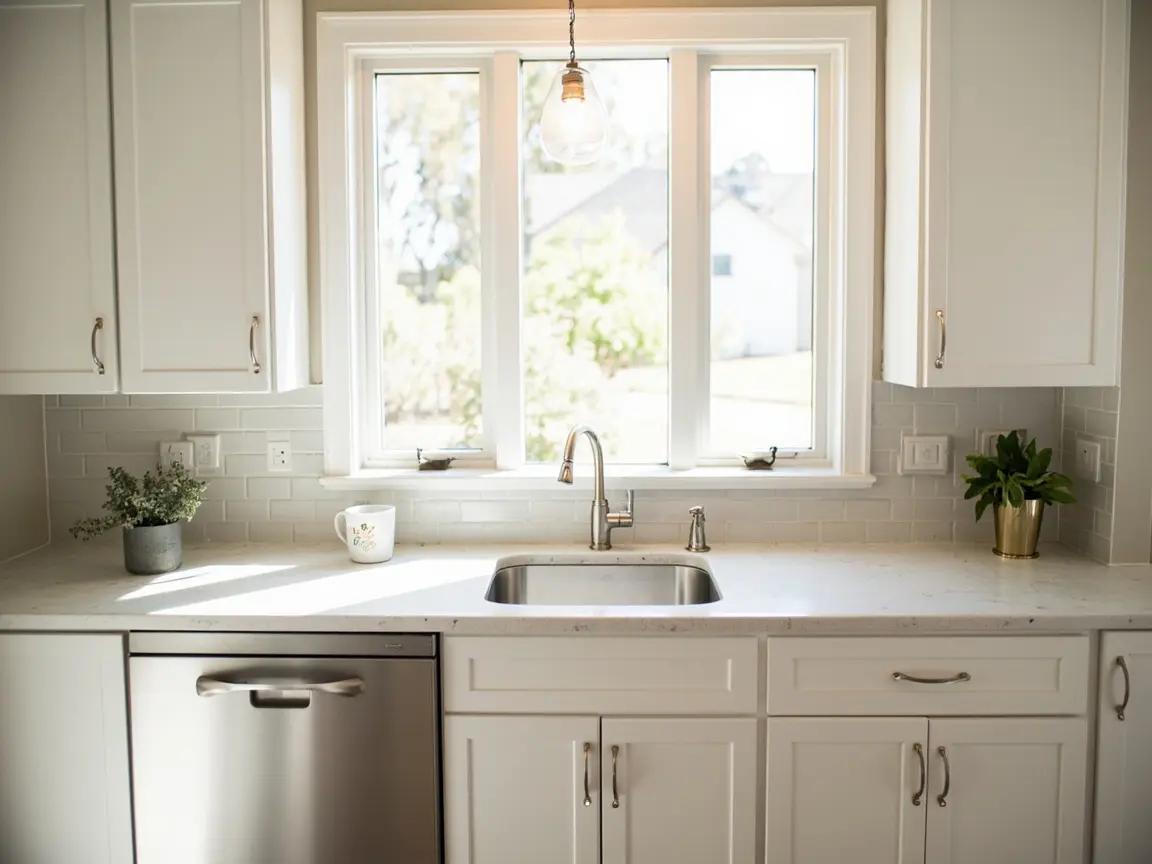 Finished cabinet doors reinstalled in a kitchen with new hardware, soft natural light from window