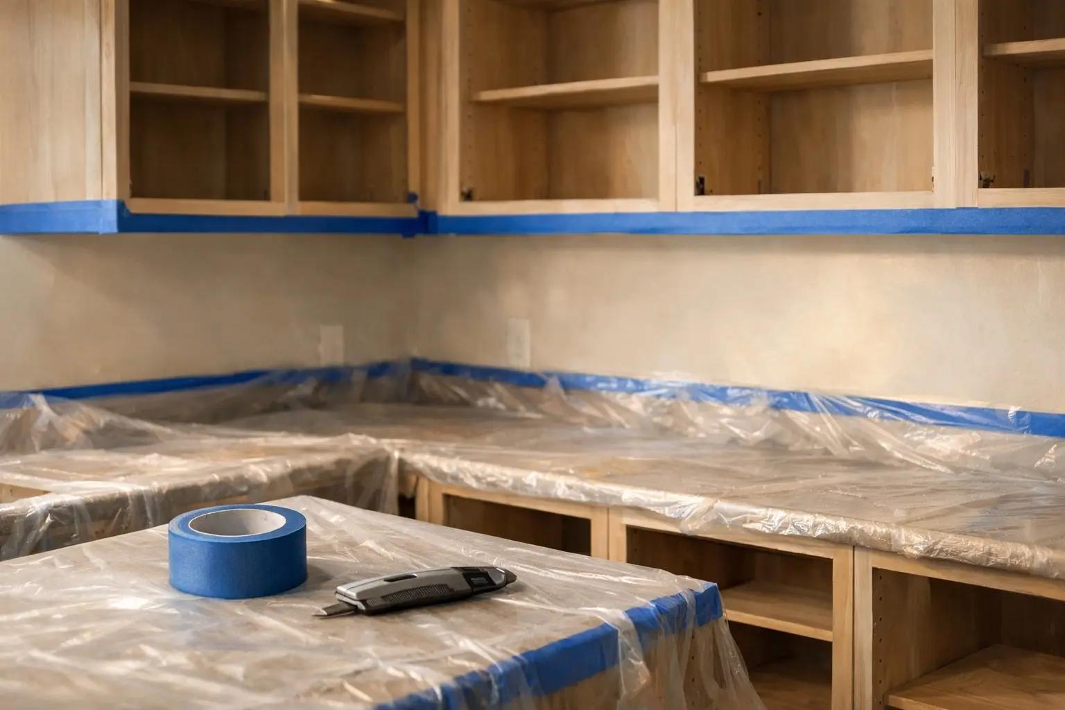 Step 4 of How to Paint Kitchen Cabinets: Tape Off and Protect the Kitchen