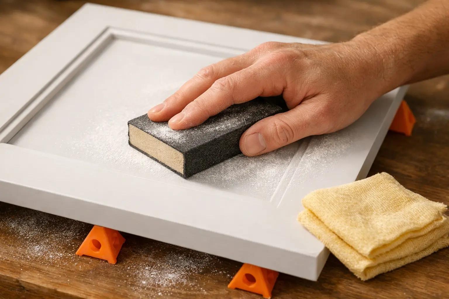 Step 6 of How to Paint Kitchen Cabinets: Light-Sand the Primed Surfaces