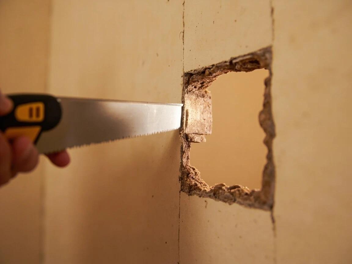 Step 2 of How to Patch a Large Hole in Drywall (Mesh or California Patch): Square up the hole and check for utilities behind