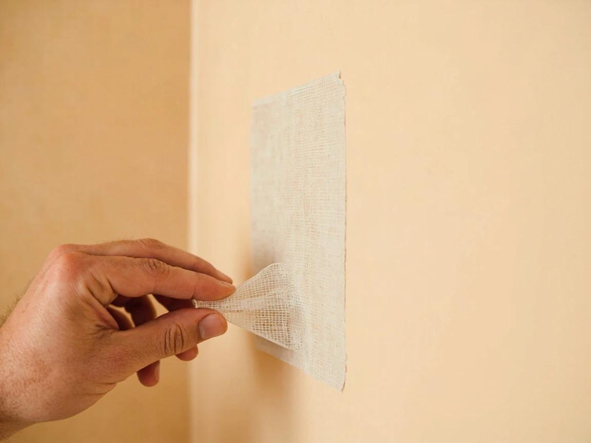 Step 3 of How to Patch a Large Hole in Drywall (Mesh or California Patch): Mesh method (under 4 inches): peel-and-stick the patch