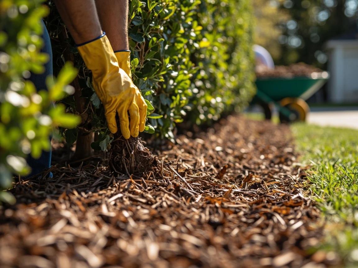 Step 8 of How to Plant a Privacy Hedge: Mulch the Entire Bed (But Keep It Off the Trunks)