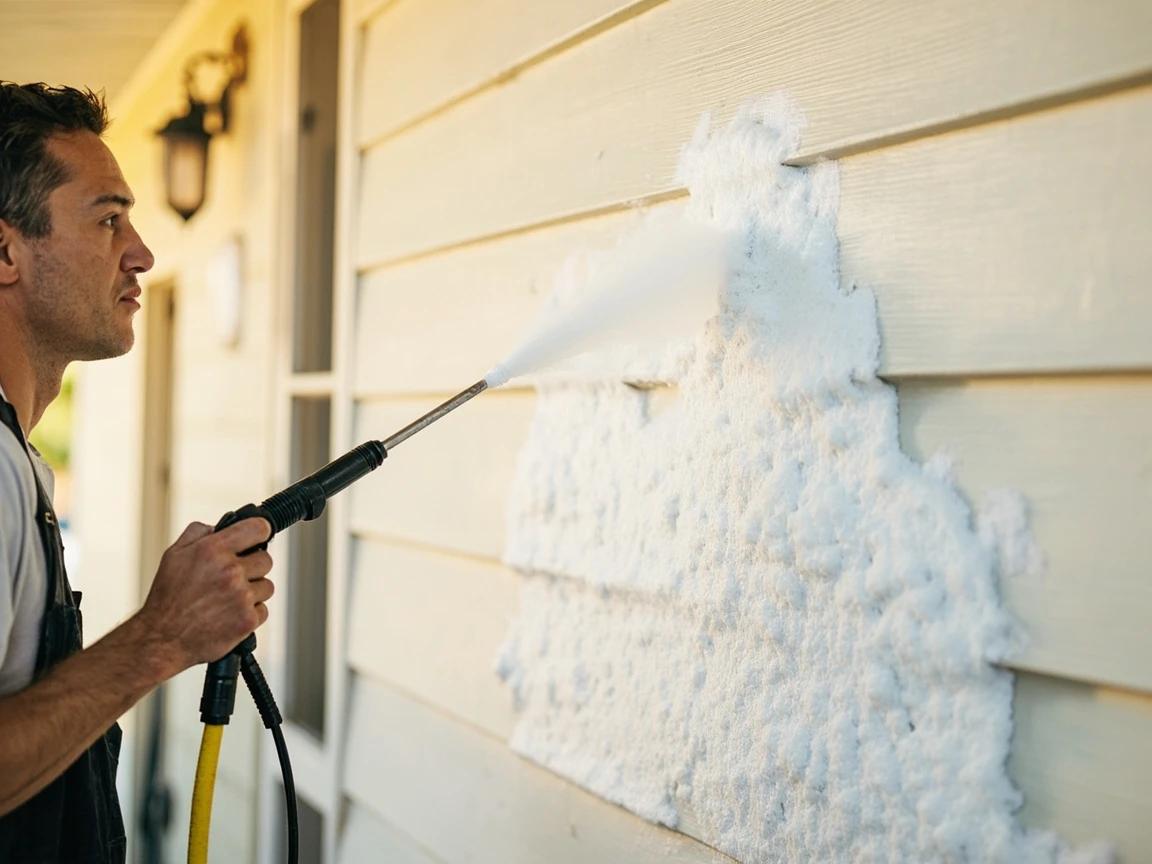 Step 3 of How to Power Wash a House Exterior: Apply house-wash soap from the bottom up