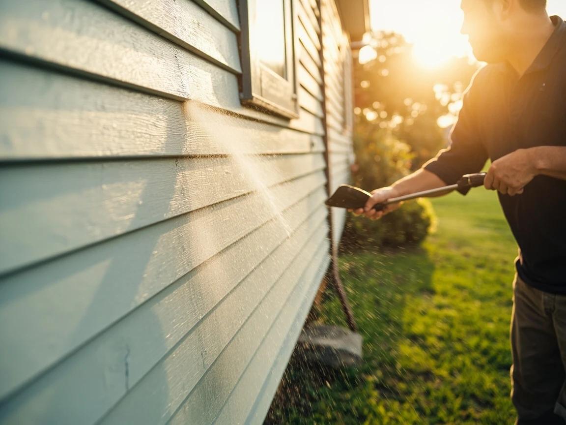 Step 5 of How to Power Wash a House Exterior: Rinse top-down with the spray angled slightly downward