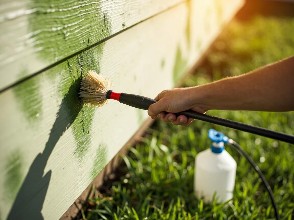 Step 7 of How to Power Wash a House Exterior: Spot-treat mildew and shaded-wall algae