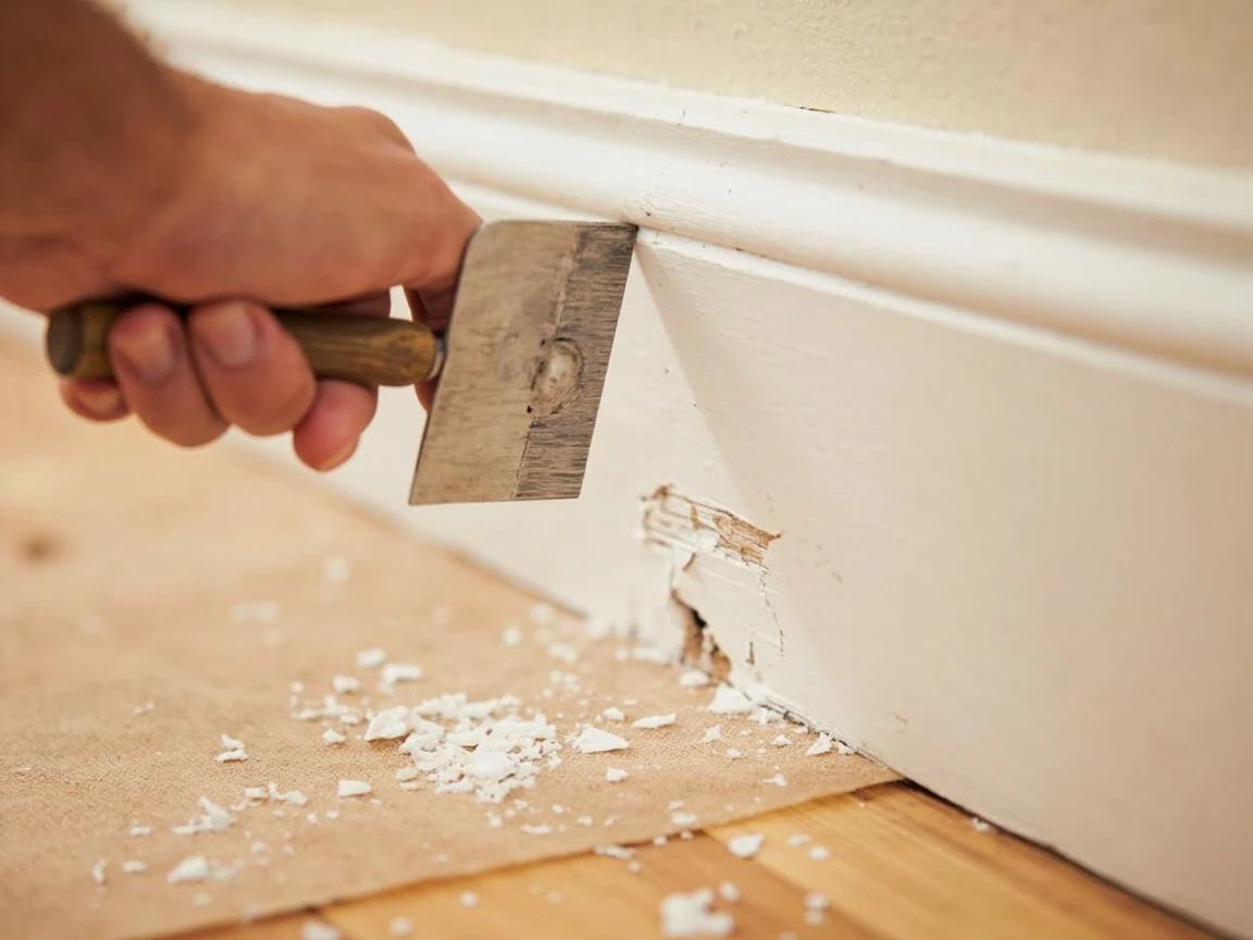 Step 3 of How to Repair Damaged Baseboard Trim: Scrape Loose Material and Sand the Damaged Areas
