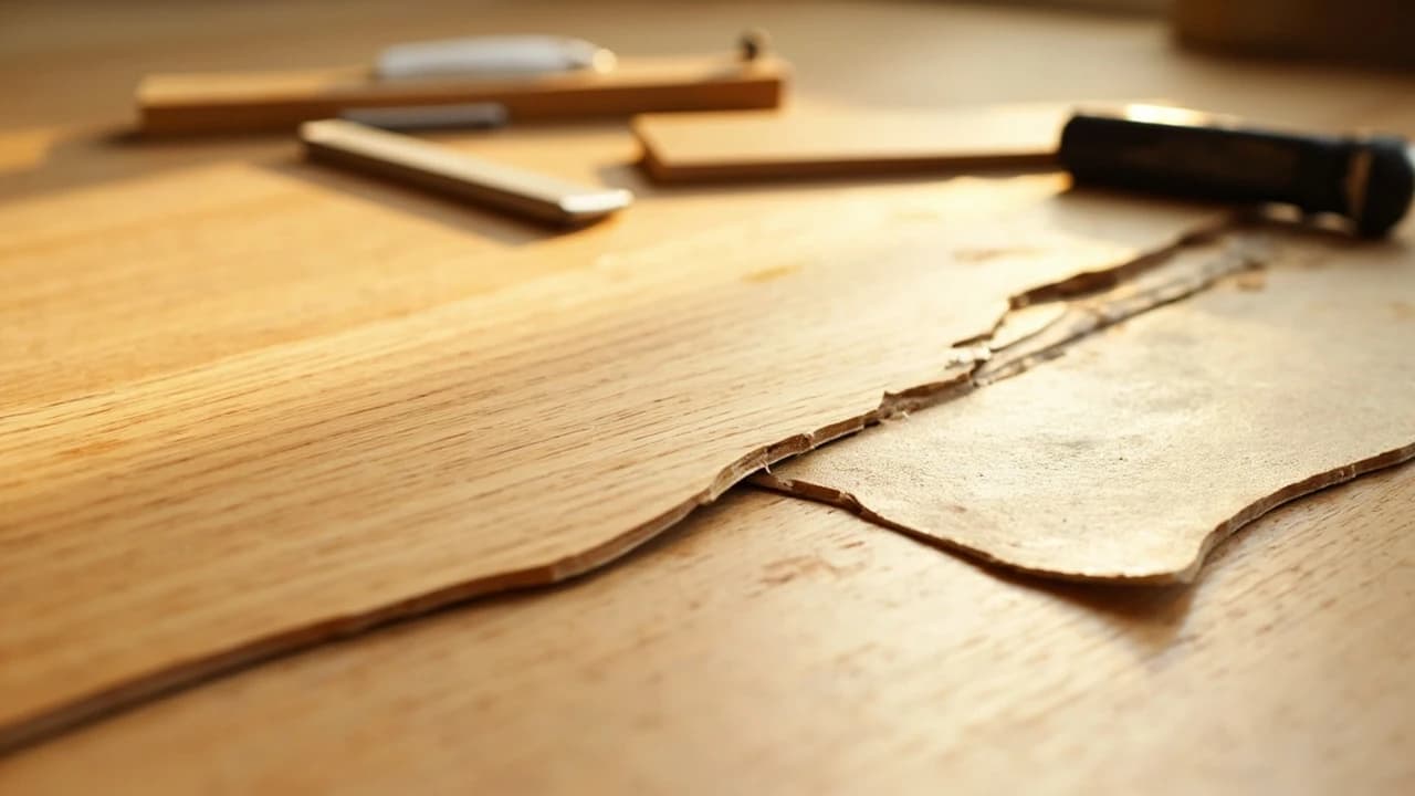 A light oak laminate floor with one plank in the middle visibly damaged by a deep gouge and a swollen, lifted edge