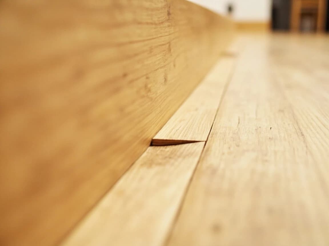 A long low ridge running across a light oak laminate floor where several planks have lifted and peaked upward
