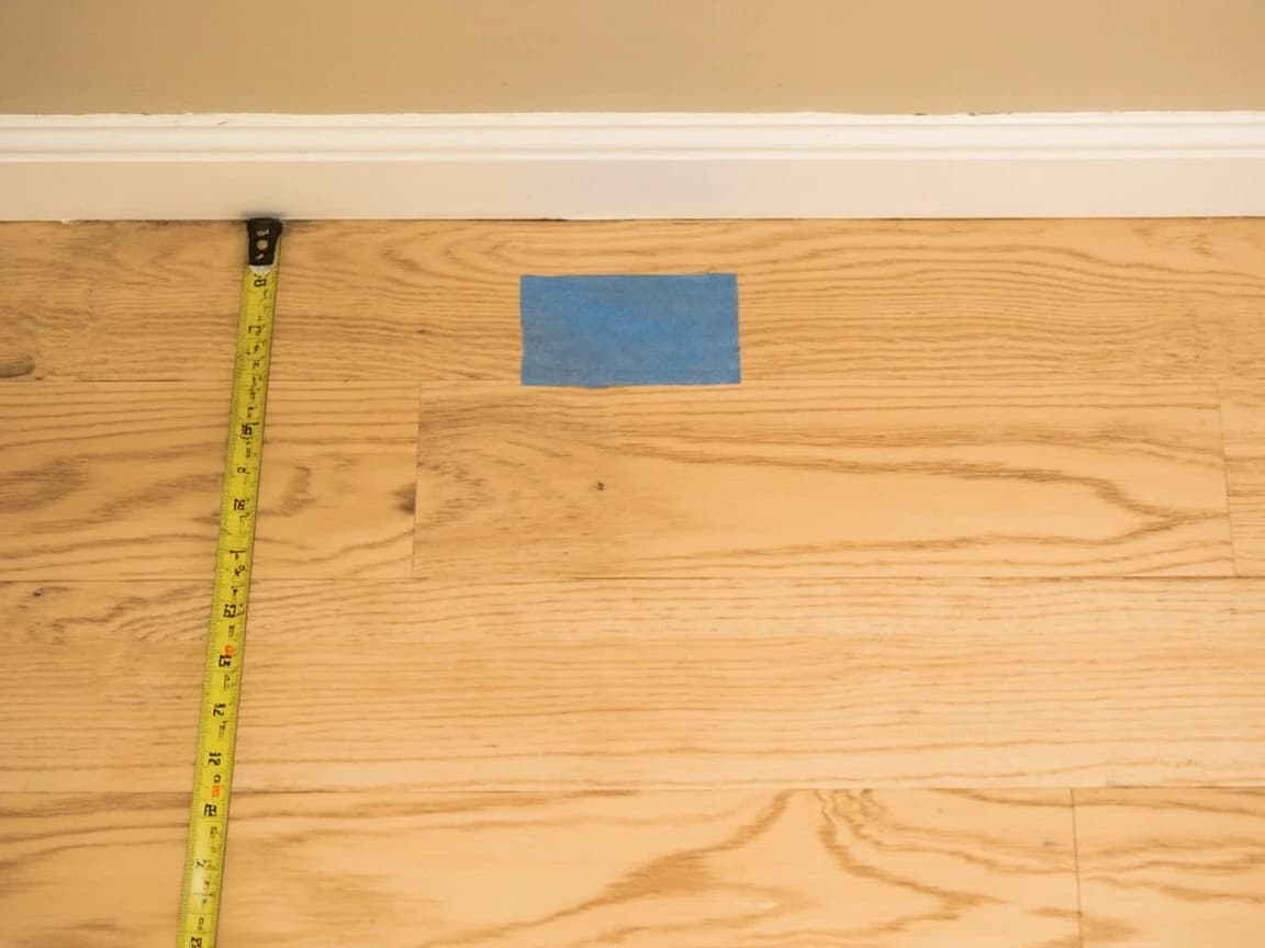 An overhead view looking straight down at a light oak laminate floor