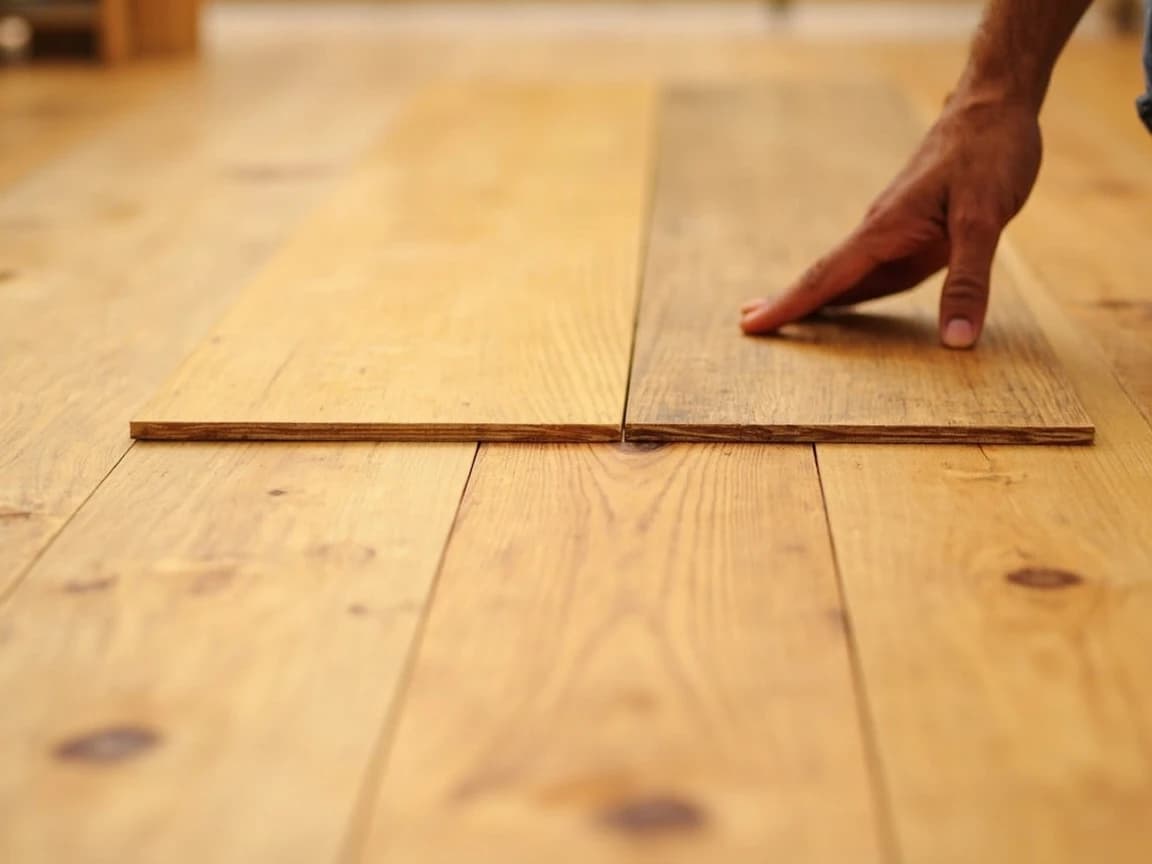 Two light oak laminate planks lying flat side by side and touching along their long edges on a floor in daylight