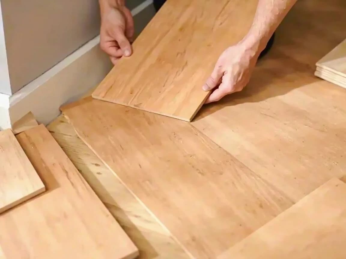 Hands lifting a light oak laminate plank at a shallow angle from the edge of a floor beside a wall