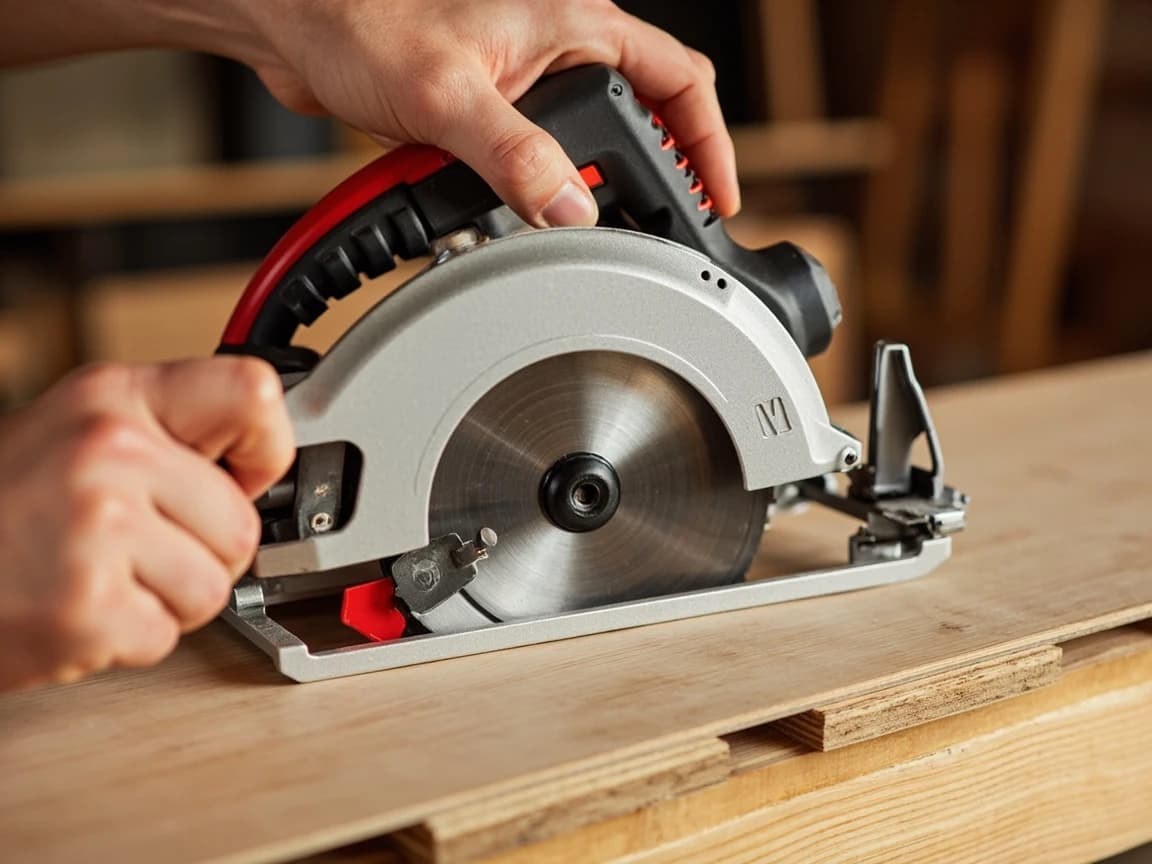 A circular saw sitting flat on top of a short offcut of laminate flooring on a workbench
