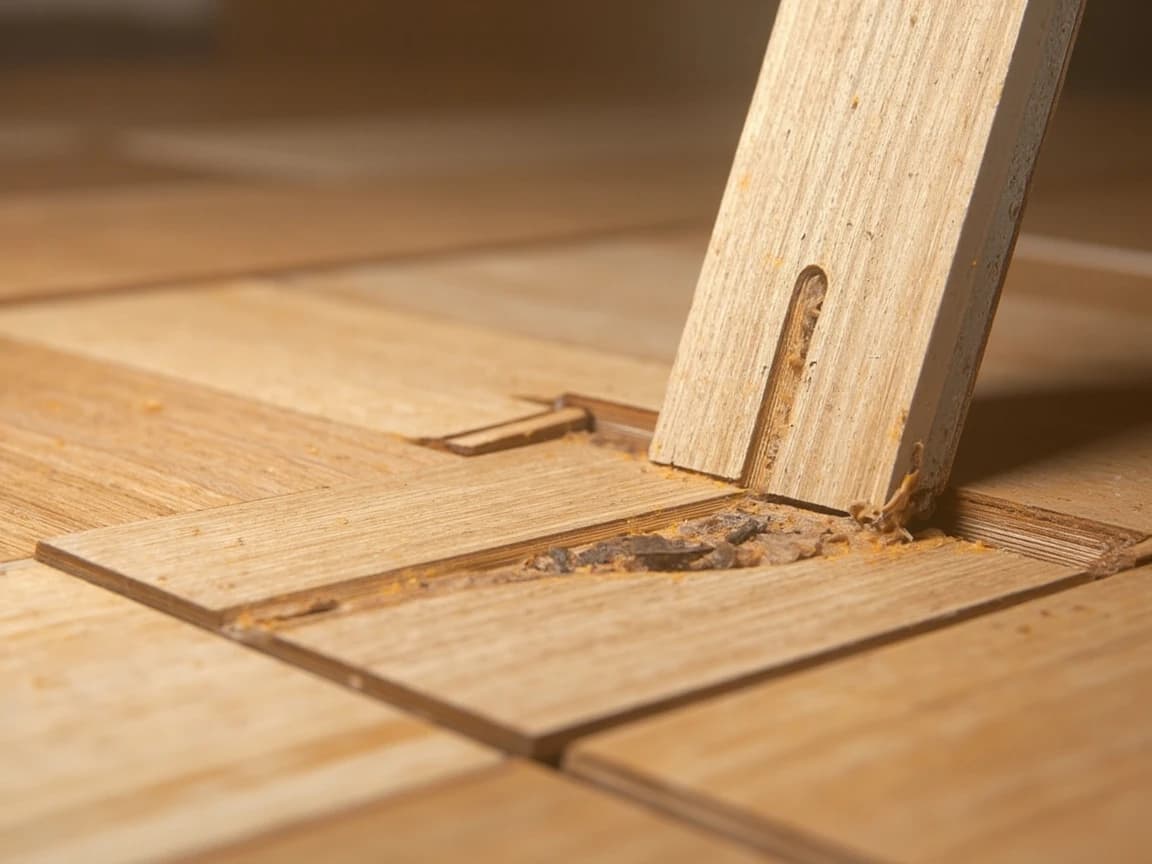 A pry bar lifting the cut central strip of a damaged laminate plank upward out of a floor, the surrounding planks intact