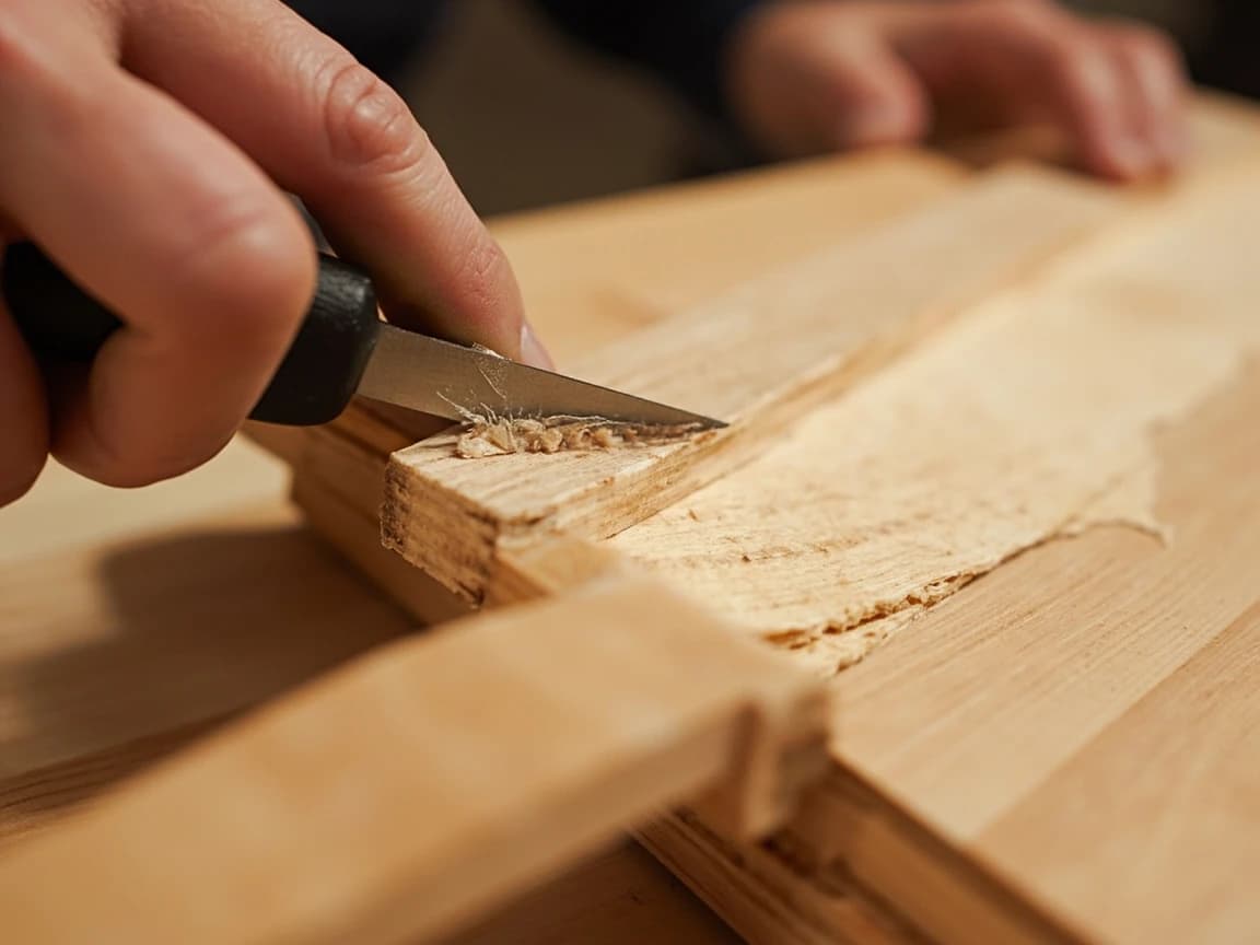 A hand running a sharp utility knife along the lower lip of the groove edge of a laminate plank held on a workbench