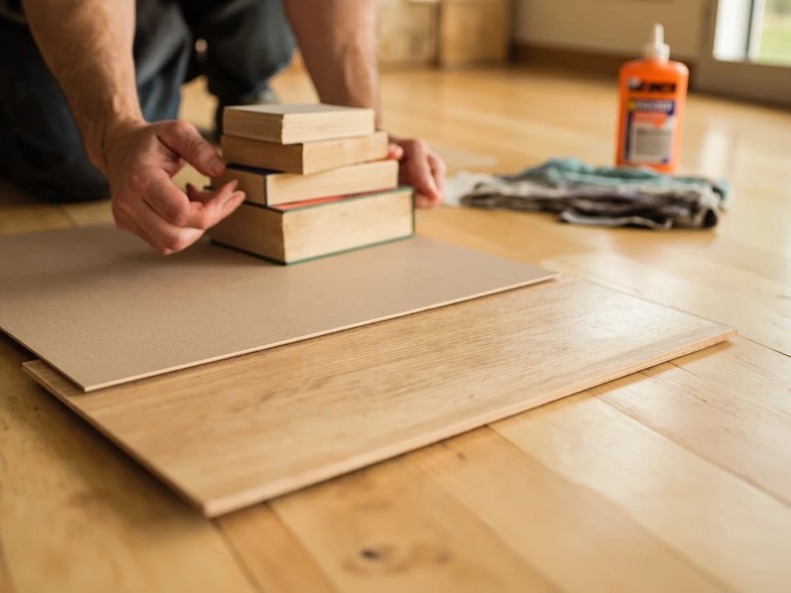 A replacement laminate plank seated flush in a floor with a stack of heavy books and a flat board weighting it down