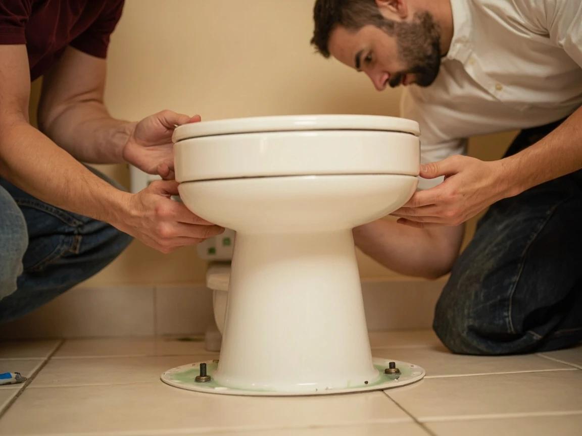 Step 7 of How to Replace a Toilet Wax Ring: Lower the Toilet Straight Down Onto the Ring