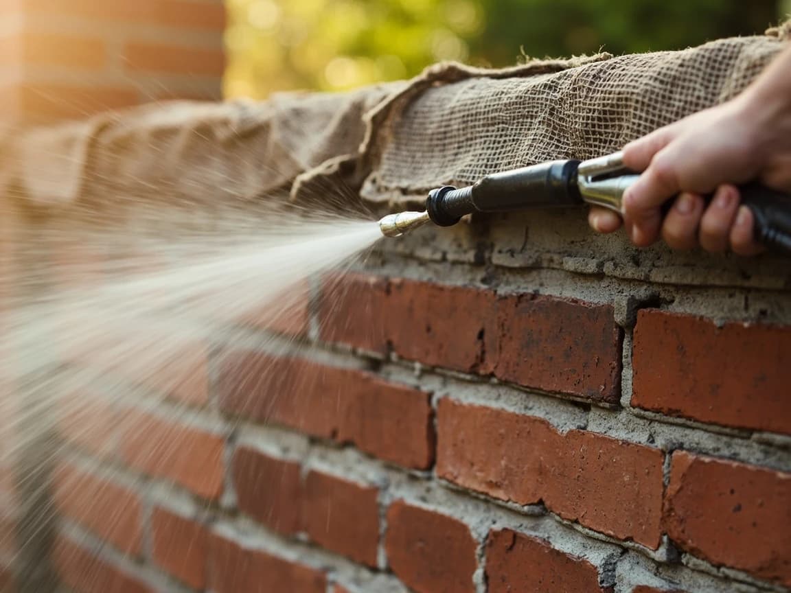 Step 10 of How to Repoint Brick Mortar Joints (Tuckpointing): Damp cure for 48 to 72 hours, then clean the brick