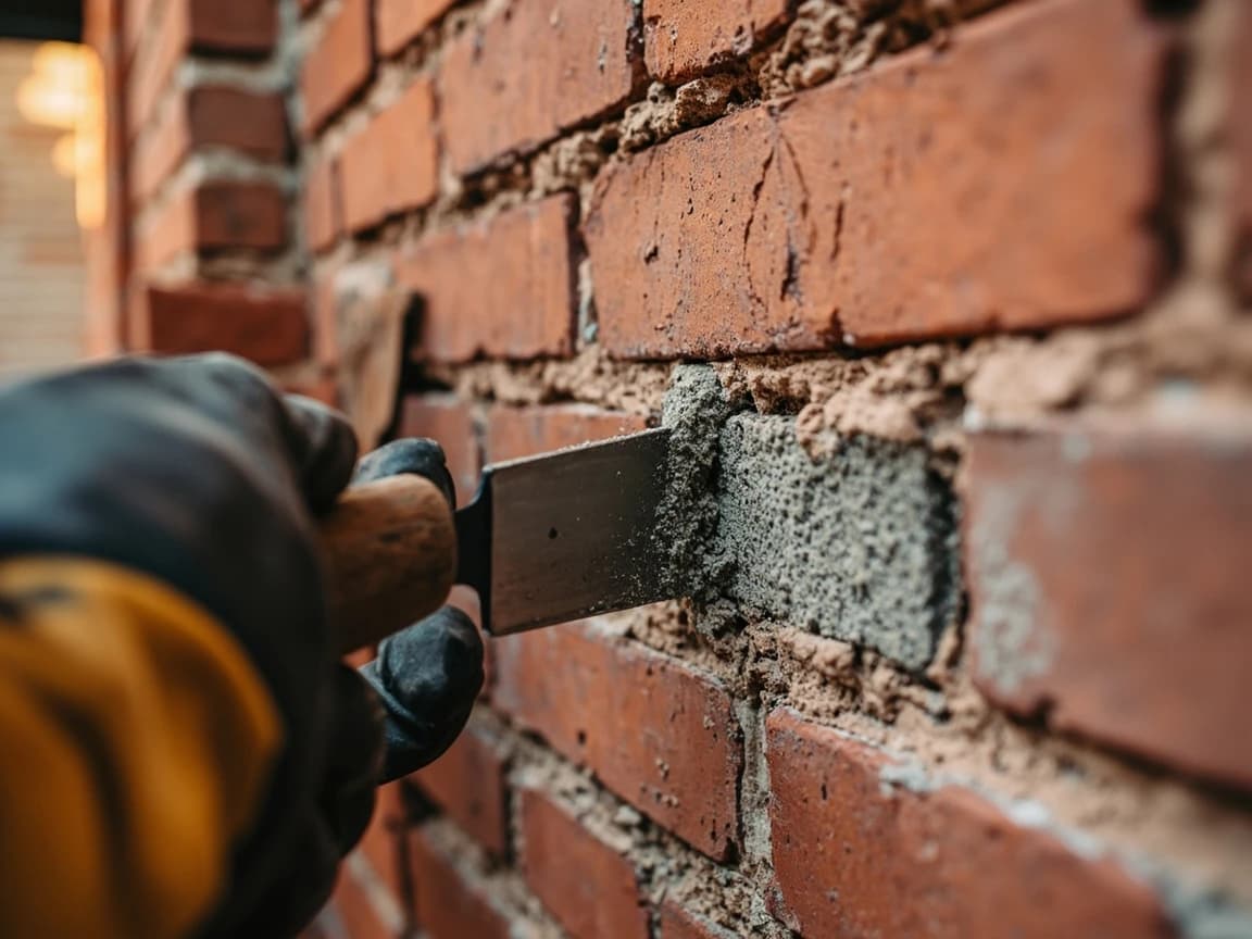 Step 4 of How to Repoint Brick Mortar Joints (Tuckpointing): Rake the joints out to depth by hand