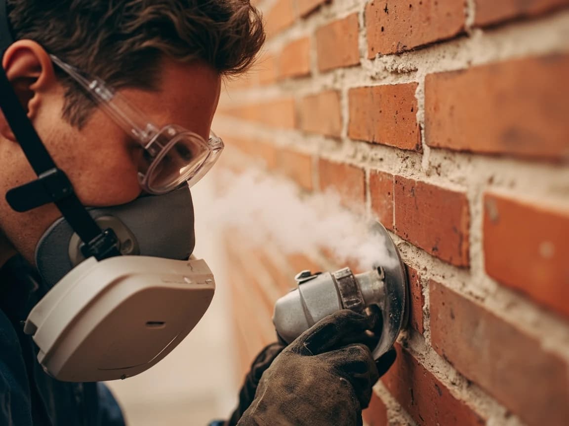 Step 5 of How to Repoint Brick Mortar Joints (Tuckpointing): Use a grinder only if the old mortar is hard portland cement