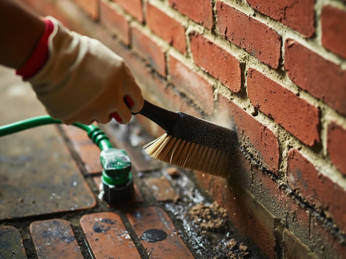 Step 6 of How to Repoint Brick Mortar Joints (Tuckpointing): Brush the joints clean and dampen the wall