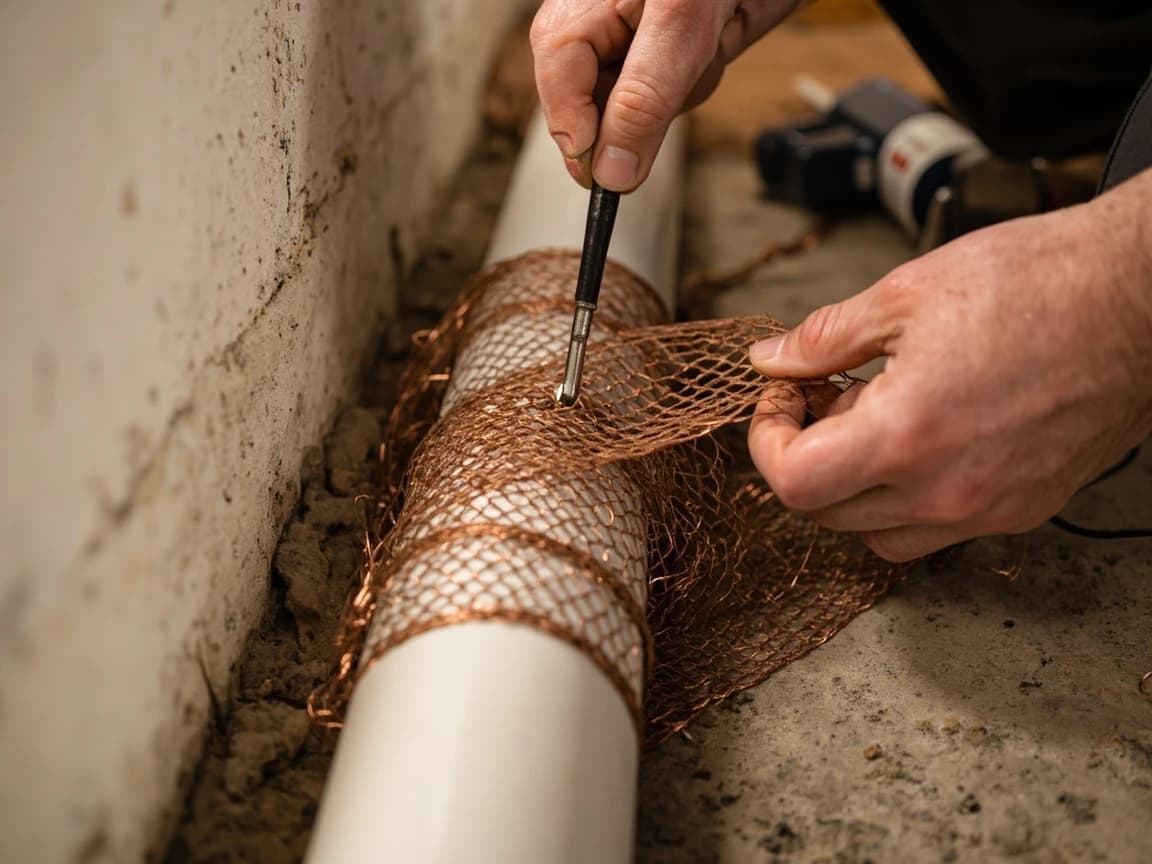 Step 4 of How to Seal Entry Points and Keep Mice Out: Pack Small Gaps With Copper Mesh, Then Caulk Over It