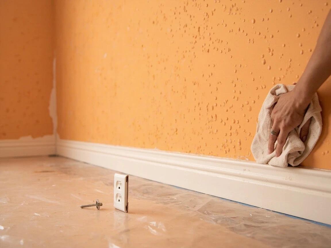 Step 1 of How to Skim Coat a Textured Wall Smooth: Test old texture, then mask off the room