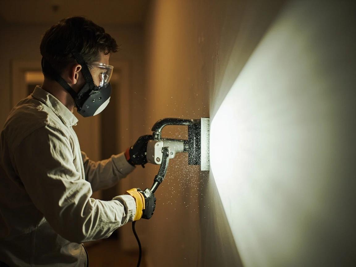 Step 7 of How to Skim Coat a Textured Wall Smooth: Sand smooth under a raking light