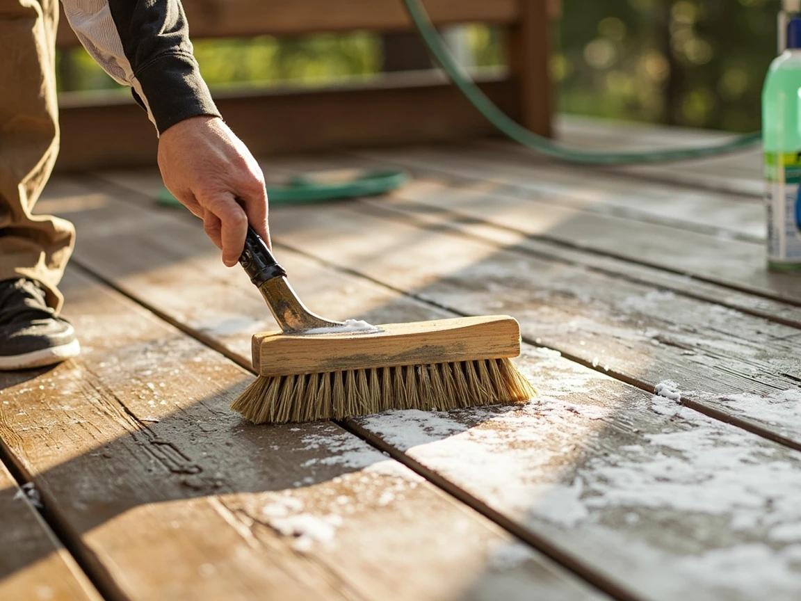 Step 3 of How to Stain a Wood Deck: Apply Deck Cleaner and Scrub