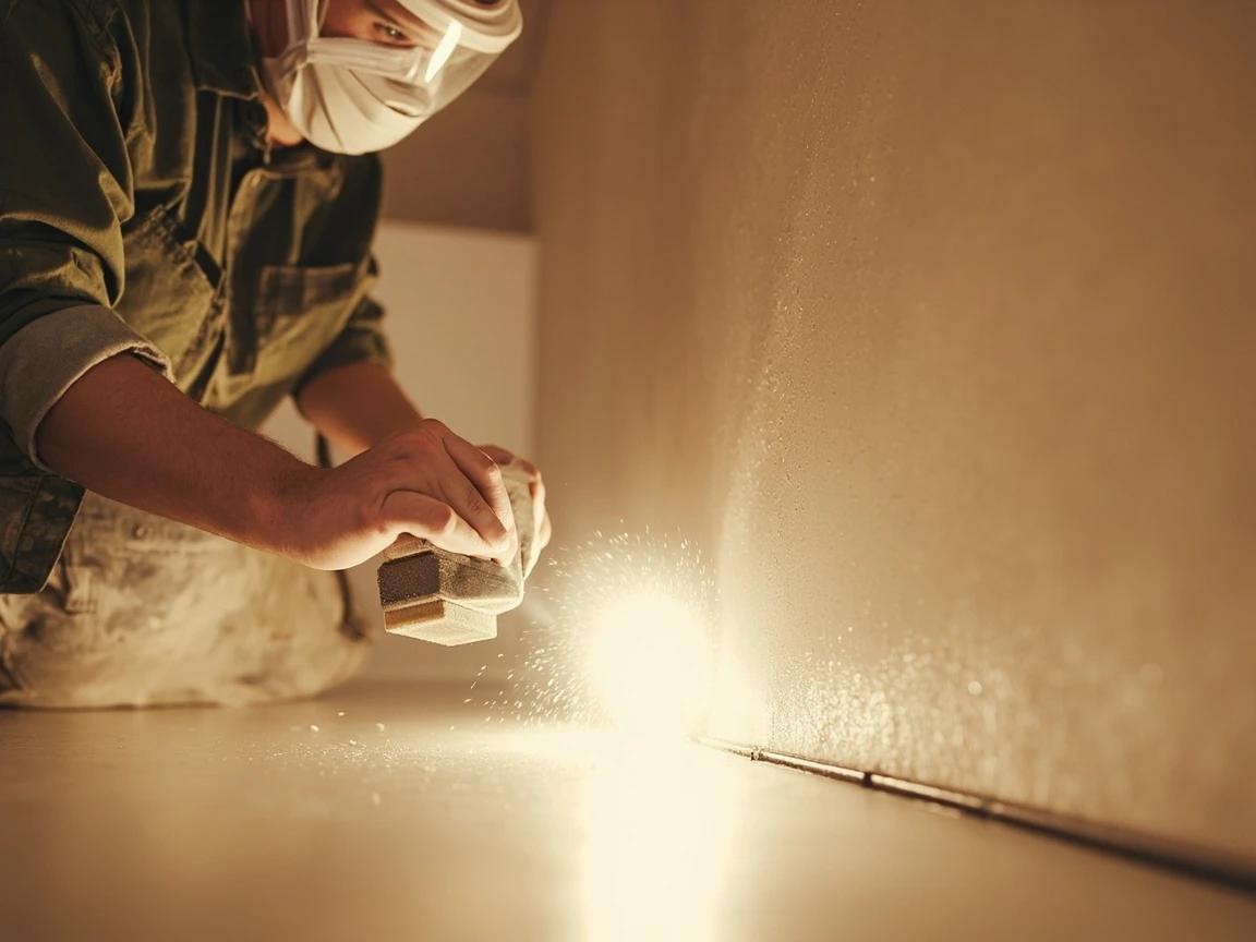 Step 8 of How to Tape and Mud a Drywall Seam: Sand Once, Checked by Raking Light