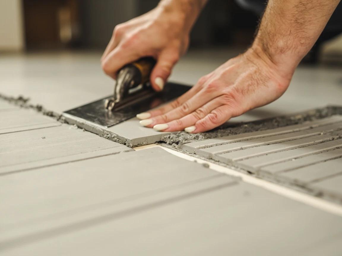 Step 5 of How to Tile a Floor: Comb the Thinset and Set the First Tiles