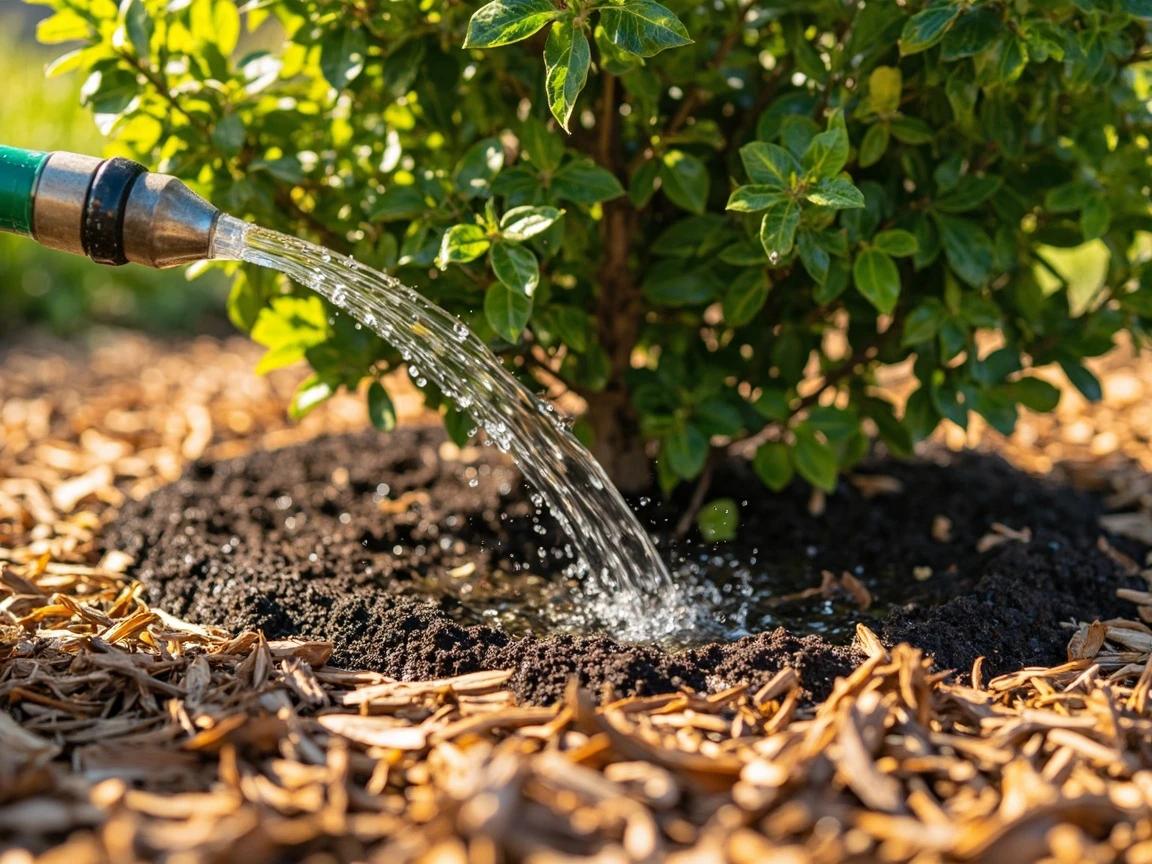 Step 8 of How to Transplant a Shrub Without Killing It: Water Thoroughly, Mulch, and Begin Aftercare
